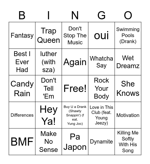 music bingo Card