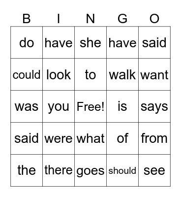 Heart Word Bingo Card