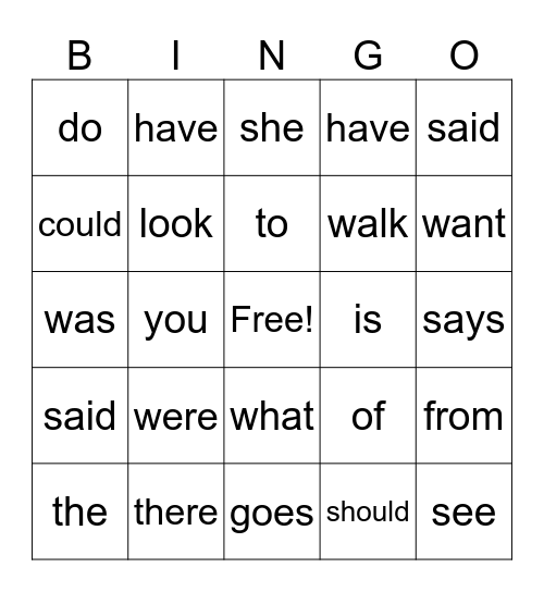 Heart Word Bingo Card