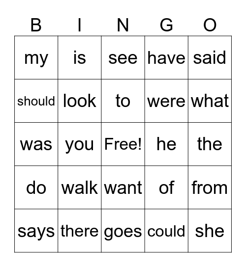 Heart Word Bingo Card