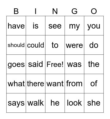 Heart Word Bingo Card