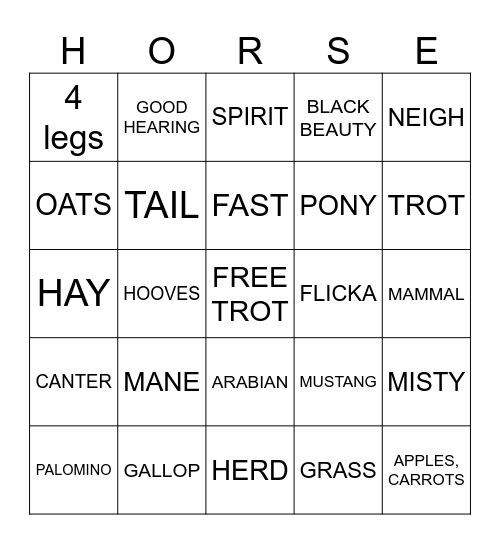 HORSE BINGO Card