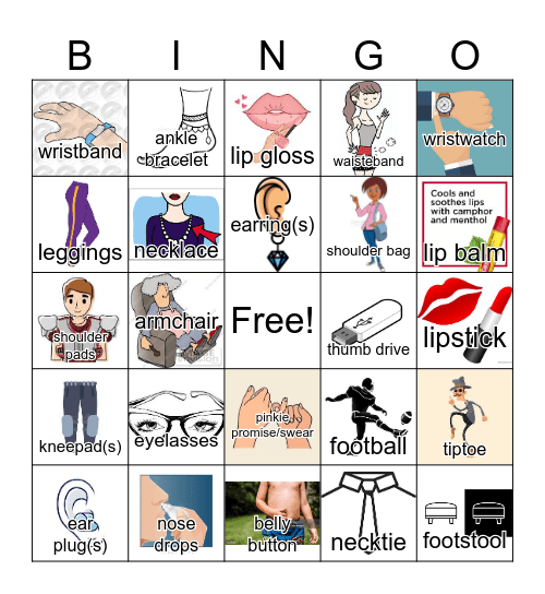 Body-related items Bingo---words and images Bingo Card
