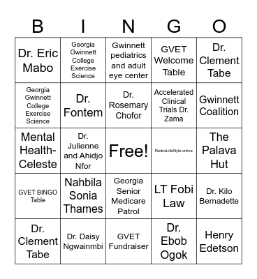 Gwinnett Veterans Soccer Club Health Fair Bingo Card