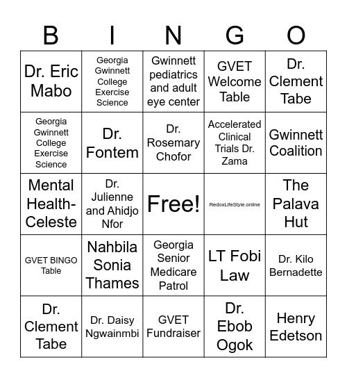 Gwinnett Veterans Soccer Club Health Fair Bingo Card