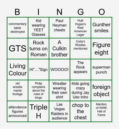 WrestleMania Bingo Card