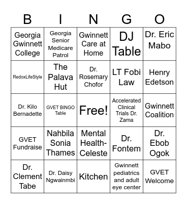 Gwinnett Veterans SC Health Fair Bingo Card