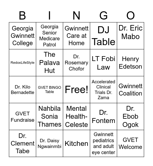 Gwinnett Veterans SC Health Fair Bingo Card