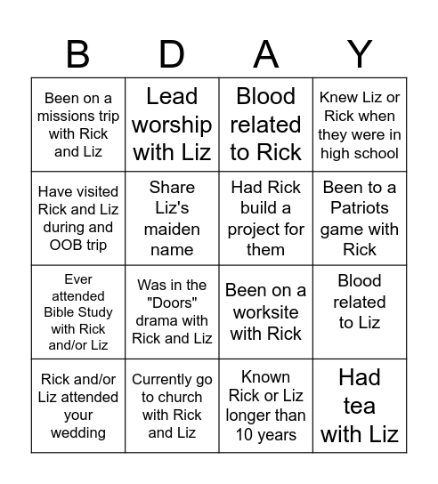 Rick and Liz Birthday Bingo! Bingo Card