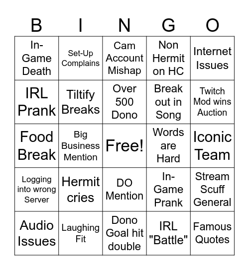 Hermitcraft Stream Weekend Bingo Card