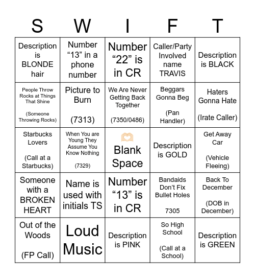Swiftie BINGO Card