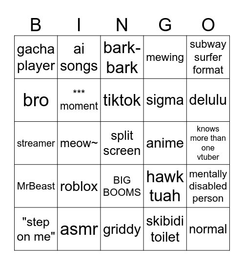 brainrot Bingo Card