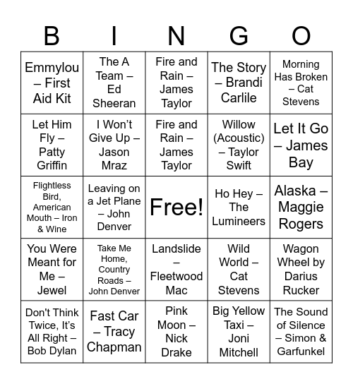 Folk Music Bingo Card