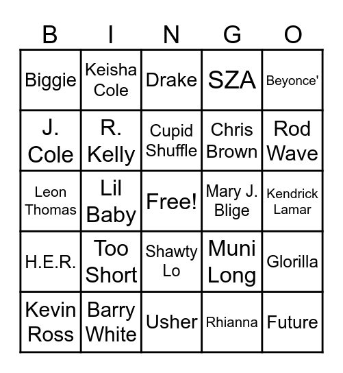 R&B and Hip Hop Bingo Card