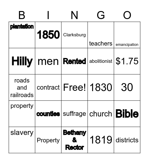 WV History chapter 10c sections 1&2 Bingo Card