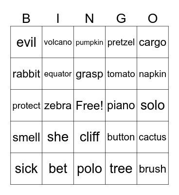 Open/Closed Syllable Bingo Card