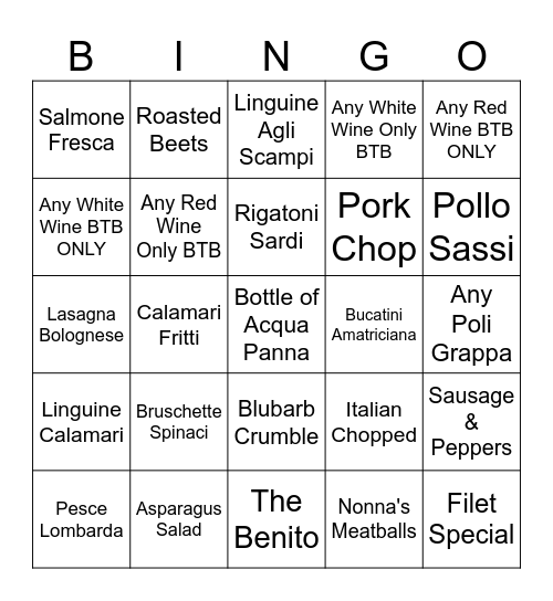 Francesca's Bingo Card