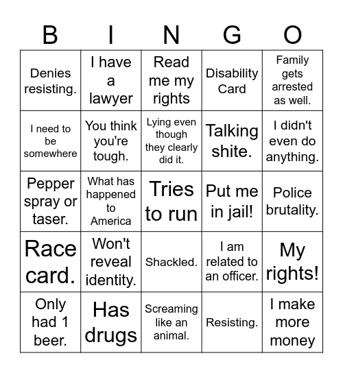 Police Bodycam Video Bingo Card