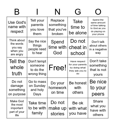 10 Commandments Bingo Card