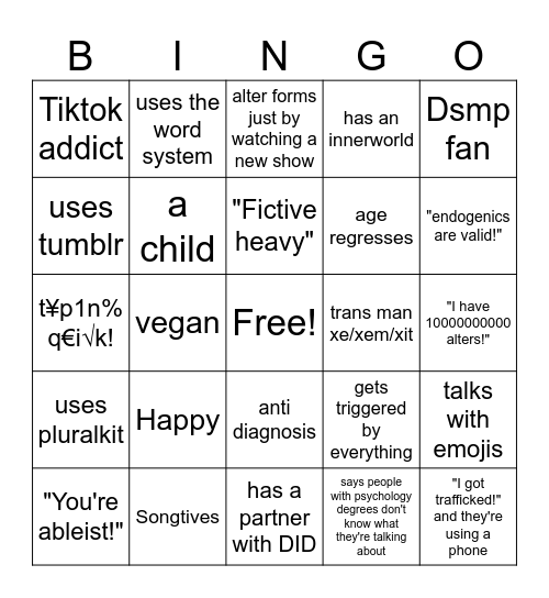 DID Faker Bingo Card