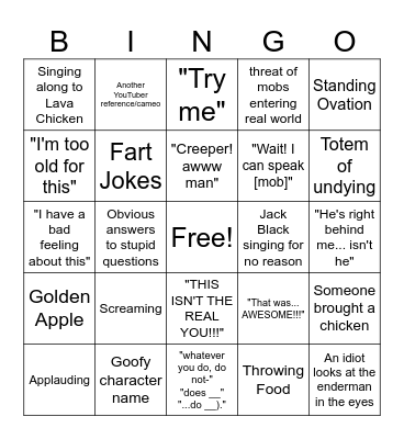 Minecraft Movie Bingo Card