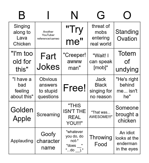 Minecraft Movie Bingo Card