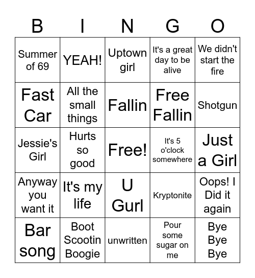music Bingo Card