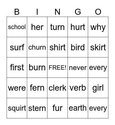 er/ir/ur Bingo Card