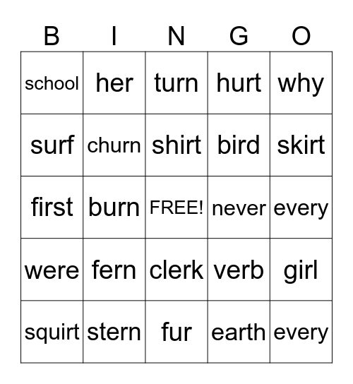 er/ir/ur Bingo Card