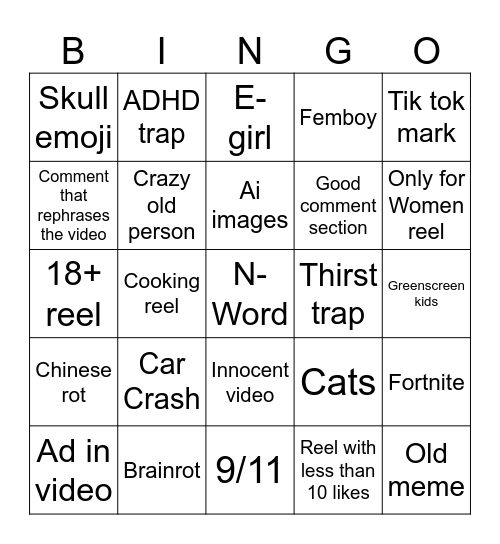 Instagram reels Bingo Card