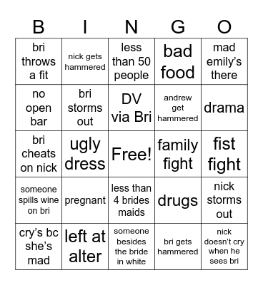 shotgun wedding Bingo Card
