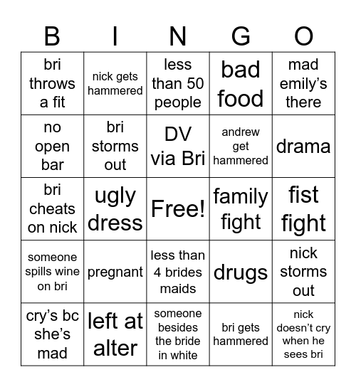 shotgun wedding Bingo Card