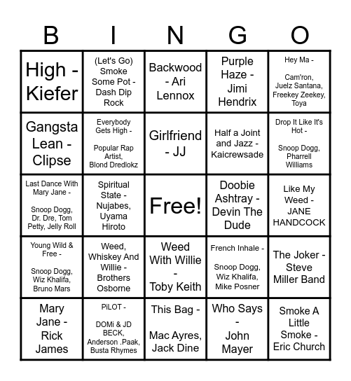 420 MUSIC BINGO Card
