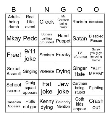 South Park Bingo Card