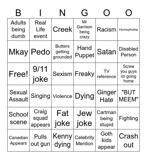 South Park Bingo Card