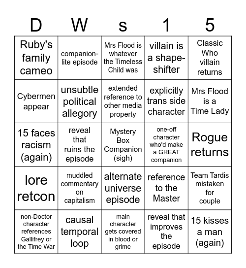 Doctor Who s15 Bingo Card