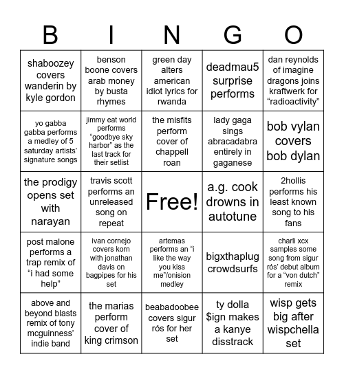 COACHELLA SECOND WEEKEND BINGO Card