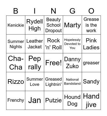 Grease Bingo Card