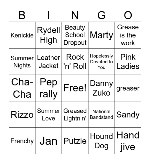 Grease Bingo Card
