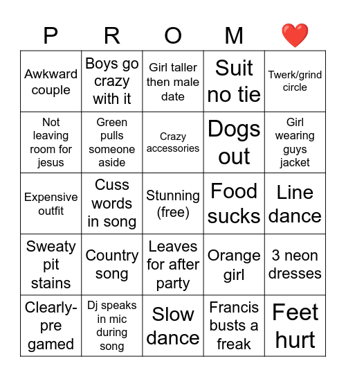 Prom Bingo Card