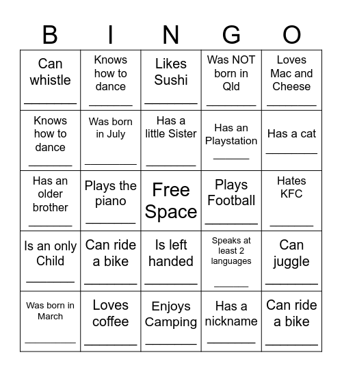YOUTH HUMAN BINGO Card