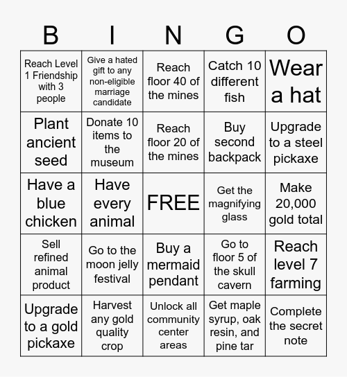 Stardew Valley Challenge Bingo Card