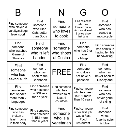 GET TO KNOW YOU Bingo Card