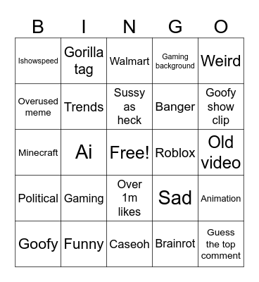 Yt shorts bingo Card
