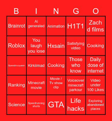 YT SHORTS Bingo Card