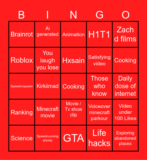 YT SHORTS Bingo Card
