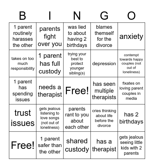 Children of Divorce Bingo Card