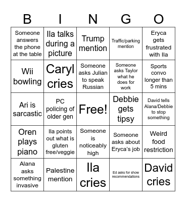 Pine Passover Bingo Card