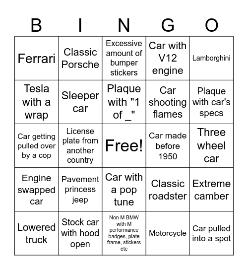 Car Meet Bingo Card