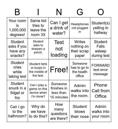 State Testing BINGO Card